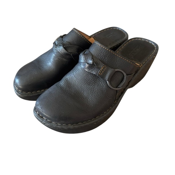 Born Black Leather Braided Mules Slip On Shoes Wedge Heels Women's 8 - Picture 1 of 8